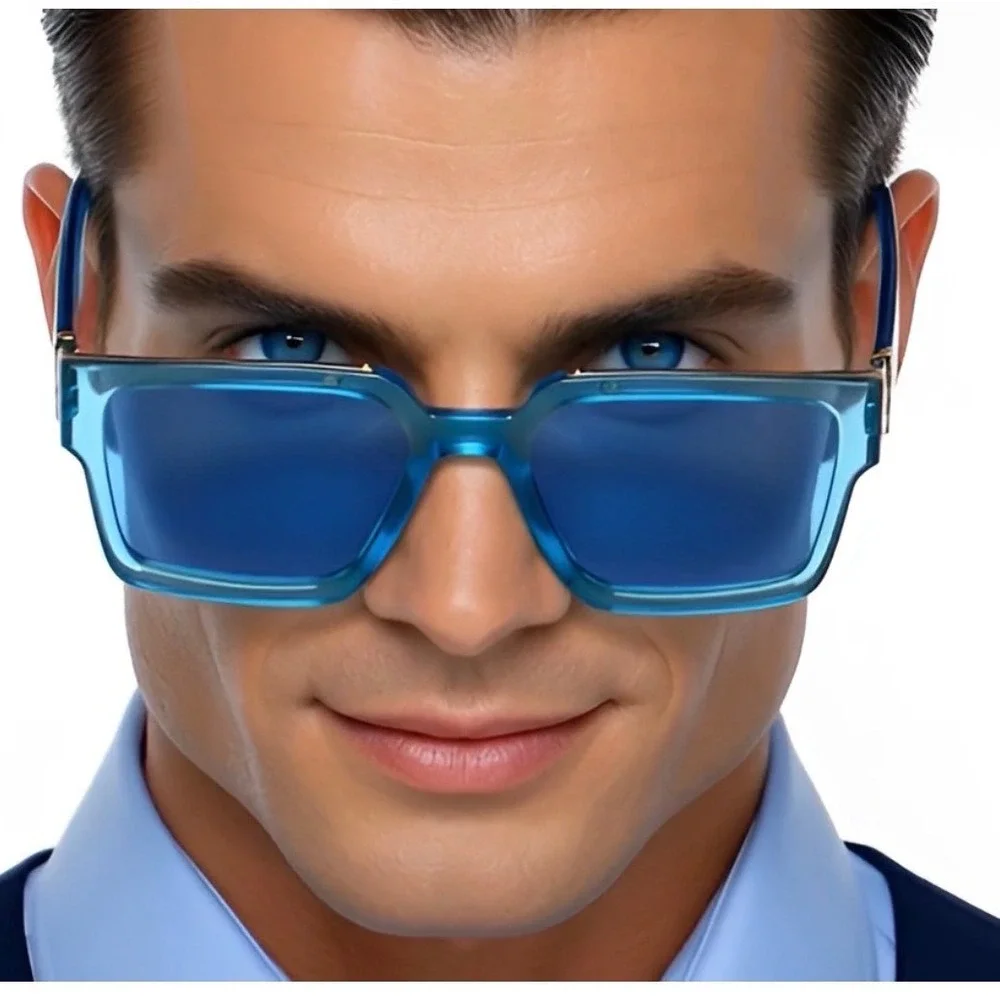 Mens‎ Square Oversized Sunglasses Translucent Blue Gold Hip Hop Flat Top Luxury